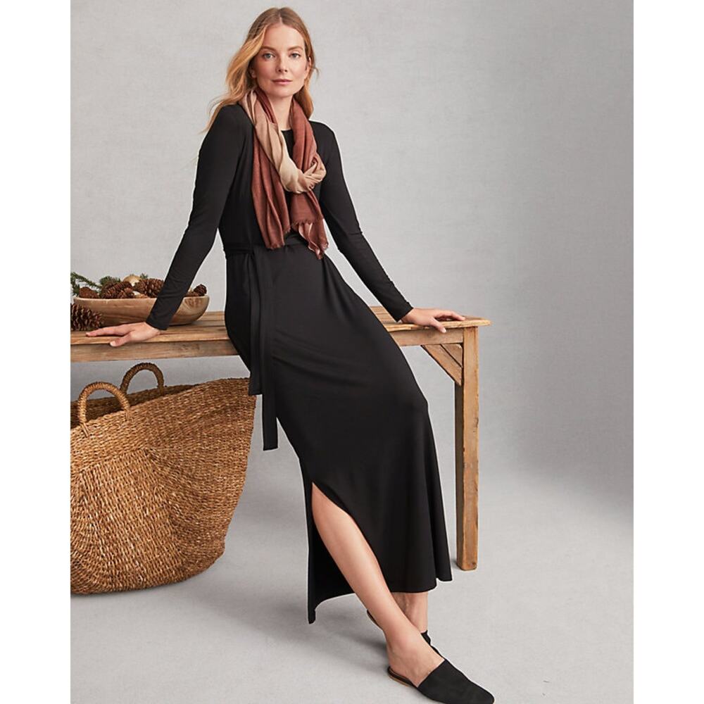 Garnet Hill Linden Knit Column Maxi Slit Dress Womens Size M Black Tie Waist Eco - Picture 2 of 11